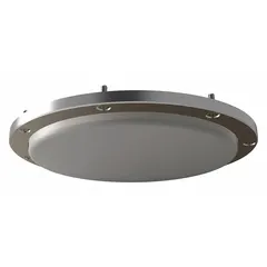 This round LED fixture delivers 4,400 lumens at 5000K color temperature, consuming 42W. It operates on 120/277V AC and features a 304 stainless steel housing with NEMA Enclosure Rating 1. Suitable for indoor areas requiring impact resistance and easy cleaning, such as corridors, stairwells, or machine shops. No emergency battery backup included.