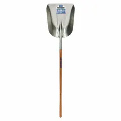 This standard scoop shovel features an aluminum blade with a natural finish, measuring 20 inches in length and 15 1/2 inches in width, with a 0.8-inch gauge. The wood handle provides a secure grip. Commonly used for moving bulk materials such as grain, sand, or snow in agricultural, construction, and industrial settings.