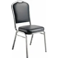 This armless stackable chair features a steel frame with vinyl and foam padding in Midnight Blue. Suitable for commercial and institutional settings where space-saving storage and seating are required