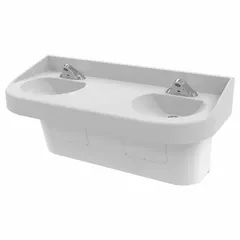 Wall-mounted two-bowl sink in white polymer resin. Each D-Shape bowl measures 14 1/2 in long by 4 in deep. ADA compliant. Suitable for institutional bathrooms requiring accessible handwashing stations.