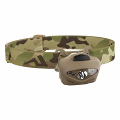 Infrared headlamp delivering 550 lumens with a maximum beam distance of 85 meters and a run time of 4 hours at maximum brightness. Features 6 light outputs for versatile illumination. Suitable for hands-free use in low-light or no-light environments such as industrial maintenance, inspection, and outdoor work. Tan finish.