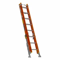 This 16 ft two-section fiberglass extension ladder is non-conductive and features leg leveling for stability on uneven surfaces. It has a 300 lb load capacity, weighs 52 lb, and includes a bubble level. The removable fly section allows for use as a single ladder. Typical applications include industrial maintenance, electrical work, and construction.