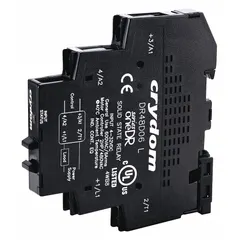 DIN-rail mounted solid state relay with integral heat sink and SCR output for switching AC loads from 48 to 600V. Suitable for industrial automation, HVAC, and process control applications requiring silent, fast, and maintenance-free switching.