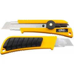 This 18mm snap-off knife features a plain-edge blade with 8 snap-off segments for maintaining sharpness. The contoured yellow plastic handle provides a secure grip. Suitable for cutting cardboard, drywall, plastic strapping, and packaging materials in industrial and warehouse settings.