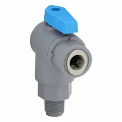 This 1/4 in manual two-way ball valve features a PVC angle body with male NPT and push-to-connect ends. The full-port ball port minimizes pressure drop. Suitable for on/off flow control in low-pressure corrosive fluid handling and water treatment systems.