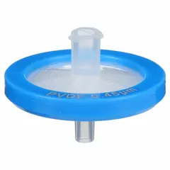Non-sterile syringe filter with 0.45 µm PVDF membrane and polypropylene housing. Maximum capacity 100 mL. Female Luer Lock inlet and male Luer Slip outlet. Used for filtration of small-volume aqueous and organic solutions in analytical and sample preparation applications.