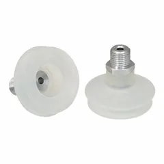 This bellows type vacuum pad assembly is designed for food-safe handling applications. It features 1.5 folds, a G1/4 in vacuum port, and a 47.5 mm pad diameter in clear material rated 55 A. Suitable for automated material handling of irregular or delicate items in hygienic environments.