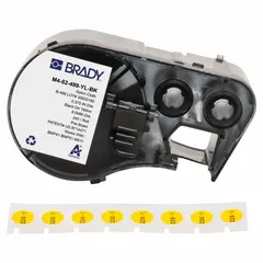 Thermal transfer precut label roll cartridge for BMP51 printer. Contains 3/8 in circle labels of cryogenic autoclavable nylon, black on yellow. Designed for identifying vials and tubes from 0.5 to 1.5 mL in laboratory and cryogenic storage settings.
