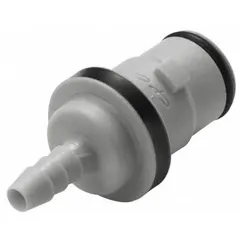This polypropylene quick-disconnect tube fitting features barbed x barbed connections for secure attachment to flexible tubing without tools. With a 1/8 in inner diameter and gray color, it is suited for low-pressure fluid handling in applications such as instrumentation, pneumatics, and water systems.