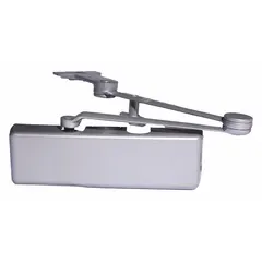 This Grade 1 heavy duty door closer features an aluminum body and parallel arm mounting, suitable for interior or exterior use. It includes an adjustable spring size 6 and is ADA compliant. Typical applications include controlling door closing on commercial or industrial doors where parallel arm configuration is required.