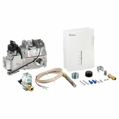 Standing pilot gas valve kit with single-stage, fast-opening, 750 mV design. Rated at 70,000 BtuH with a 1/2 in female NPT straight-thru connection. Used in heating appliances such as furnaces and boilers for gas flow control and flame regulation.