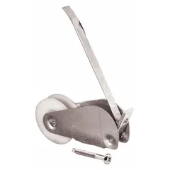 This roller is a component for sliding screen doors, providing guidance and support for smooth operation. It measures 6 23/64 inches in height and length, with a 3 3/4 inch width. The gray, unfinished finish suits various door applications. Supplied as a single piece.