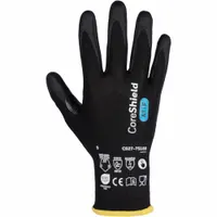 ANSI Cut Level A7 gloves with nitrile foam coating on palm and fingers for grip in oily or dry conditions. Features reinforced thumb crotch for extended durability and touchscreen compatibility. Black knit material. Sold as a single pair
