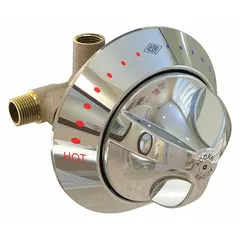 This tub and shower valve features a circular chrome trim plate made of stainless steel. It is designed for use with ligature resistant showers in institutional settings where safety is a priority.