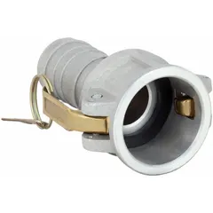 This Type C aluminum cam and groove fitting features a male hose shank for connecting hoses in fluid transfer systems. It has a 2-inch hose fitting size, an overall length of 5 27/64 inches, and includes a nitrile gasket. Suitable for applications requiring quick, leak-resistant connections in industrial fluid handling.