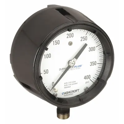 ASHCROFT Process Pressure Gauge: 0 psi to 400 psi, White, 4 1/2 in Dial, 1/2 in NPT Male - Vibration-Resistant All-Stainless Steel Wetted Parts & Casing