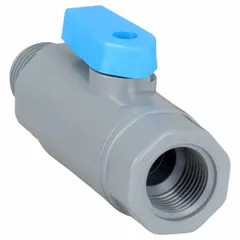 This manual two-way ball valve is made of PVC with a straight full port design. It features male NPT by female NPT connections for use in PVC piping systems. Suitable for applications requiring corrosion resistance and full flow capacity.
