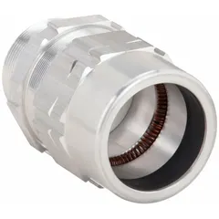 Straight liquid-tight conduit fitting for connecting flexible metal conduit to enclosures in hazardous locations. Made of aluminum with a 2 in MNPT box connection. Rated Class I, Division 2, Groups A, B, C, D. Non-insulated.