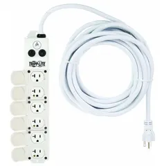 Healthcare power strip with 6 outlets, 25 ft cord, and 20 A rating. UL 1363A listed, white finish, 5-20P plug, and keyhole mounting for secure installation in medical environments.