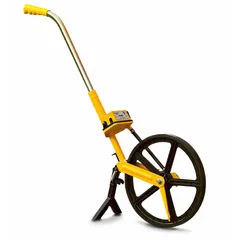 Mechanical measuring wheel with a single wheel and fixed handle, designed for road measuring in metric units. The wheel measures distances up to 99,999 m and features a fold-down design for compact storage. Suitable for outdoor distance measurement tasks such as surveying, construction, and road maintenance.