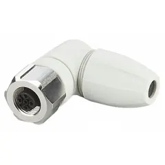 This IFM M12 circular connector is a field-wireable, washdown-rated socket with a 90° angle. It features a nylon housing, gold-plated contacts, and screw terminals for secure wiring. Rated IP68, it is suitable for signal, low-power, and gigabit data applications in environments requiring moisture and vibration resistance.