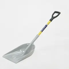 This scoop shovel features a #12 plastic blade with a 14-1/4 in width and 12 ga gauge thickness, reinforced by two ribs. Suitable for moving bulk materials such as grain, sand, or snow in industrial, agricultural, and facility maintenance settings.