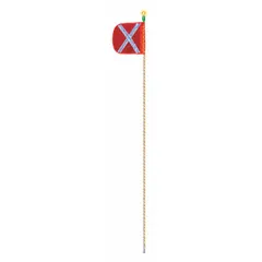 This warning whip has an overall height of 8 ft and a 12 in orange flag with a white reflective X. It features a green LED light and a hex base. Used for high-visibility safety signaling on vehicles and equipment in industrial, construction, and utility applications.