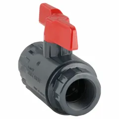 This ASAHI ball valve is a 1-1/2 inch, straight, one-piece PVC valve with a maximum pressure rating of 150 psi CWP. It is used to start, stop, or redirect flow in PVC piping systems, commonly applied in water treatment, chemical processing, and irrigation.