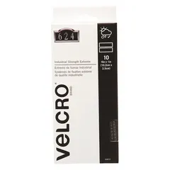 Pre-cut hook-and-loop strip made of polyester, measuring 4 inches in length and 1 inch in width. Gray color. Suitable for bundling, mounting, and organizing cables, tools, or lightweight components in industrial maintenance, electrical panels, and assembly applications where repeated access is required.