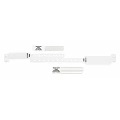 Pack of 300 white vinyl security wristbands. Each measures 9 3/8 inches in length and 1 1/4 inches in width. Suitable for identification and access control applications in settings such as events, healthcare, and security screening.