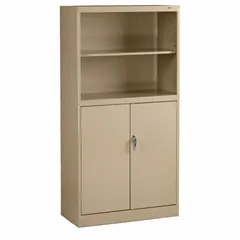 Steel double stack storage cabinet with two locking doors. Sand finish. Overall dimensions: 72 in height, 36 in width, 18 in depth. Suitable for securing tools, parts, and supplies in industrial facilities, warehouses, and maintenance shops.