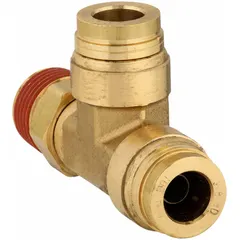 Brass tee fitting with two push-to-connect ports for 1/4 in OD tubing and one 1/4 in male NPT threaded end. Pre-applied Vibra-Seal thread sealant provides vibration-resistant sealing on the threaded connection. Used in pneumatic systems for branching or combining air lines.