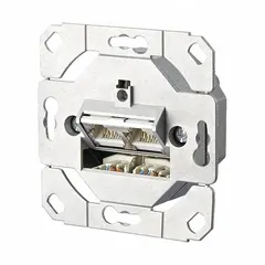 This wall outlet features a zinc die-cast housing with a metallike finish. It is equipped with an LSA terminal block and RJ45 connector, supporting voice and data network termination. The 45° mounting angle facilitates cable management in wall-mounted installations.