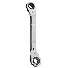 This PROTO double-end ratcheting box end wrench features 1/2 in and 9/16 in head sizes with a 12-point design for secure engagement on hex fasteners. The offset, reversing mechanism allows one-handed direction changes without removing the wrench. With a 6-3/4 in overall length, it is suited for tightening or loosening fasteners in confined spaces common in automotive and industrial maintenance tasks.