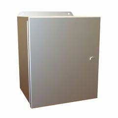 Aluminum enclosure with hinged cover secured by latches and an included inner panel. Measures 12 x 10 x 8 inches. Rated NEMA 12/13/3R/4/4X for protection against dust, oil, water, and corrosion. Suitable for housing electrical controls, terminals, and instruments in indoor or outdoor industrial environments.