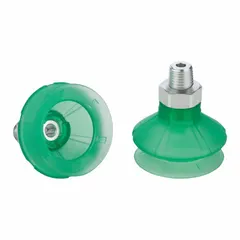 This bellows type vacuum pad assembly features 1.5 folds and a 36.7 mm pad diameter. It is constructed from Elastodur ED in green with a 65 A durometer. The assembly includes a 1/8 in NPT connection and is part of the SPB1 series. Typical applications include automated pick-and-place systems in packaging lines.