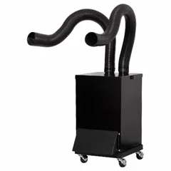Portable welding fume extractor for source capture of fumes, smoke, and airborne particulates. Operates at 68 dB with 120V input. Suitable for maintenance, fabrication, and light industrial welding applications.