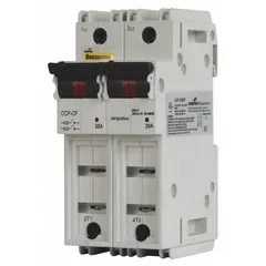 This BUSSMANN UL Class J fuse block has 2 poles and is rated for 600 V AC. It features DIN rail mounting and box lug termination for secure connections. Suitable for overcurrent protection in industrial control panels, motor circuits, and power distribution applications.