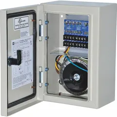 This power supply board with enclosure operates on 115V AC input and delivers 24V AC at 12.5A through eight fused outputs. Housed in a steel NEMA 4 enclosure, it provides protected power distribution for industrial control panels, security systems, and automation applications in harsh environments.