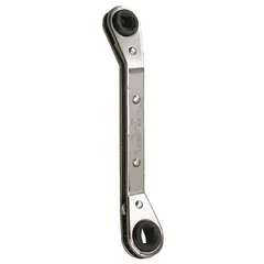 This SAE 4-in-1 ratcheting box end wrench combines four head sizes (1/4 in, 3/8 in, 3/16 in, 5/16 in) in a single tool, allowing work on multiple fastener sizes without changing wrenches. The 4-point design engages fasteners on four sides for secure turning. Commonly used in HVAC, refrigeration, and general maintenance for tightening or loosening SAE fasteners.