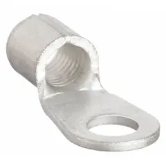 This bare, non-insulated ring terminal is designed for 6 AWG wire and accommodates a 1/4 in stud. Rated for 600 V, it provides a secure electrical connection in high-current applications such as industrial control panels, motor connections, and power distribution systems.