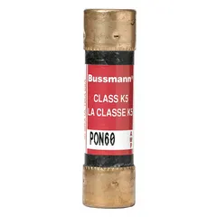 The BUSSMANN PON60 is a CSA-certified time-delay fuse rated for 60 A at 250 V AC. It provides overcurrent protection with a time-delay characteristic, allowing it to tolerate temporary inrush currents without nuisance opening. Typical applications include motor, transformer, and lighting circuits where such inrush currents occur.