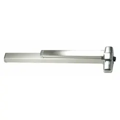 This rim-type exit device features a touchbar style and is constructed of stainless steel. It is ADA compliant and designed for doors up to 3 ft wide. Suitable for use in commercial buildings requiring code-compliant egress.