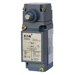 The EATON E50BS2 is a side-mount plunger limit switch from the E50 Series with a metallic body and plunger actuator. It features momentary/momentary action and screw terminals for electrical connection, requiring a minimum operating force of 8 ozf. Typical applications include position detection in industrial automation, such as conveyor systems, packaging machinery, and material handling equipment.