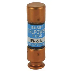 Fast-acting cylindrical fuse rated 5 A and 170 V DC. Suitable for overcurrent protection in DC power distribution and battery backup systems. Part of the TPN series.