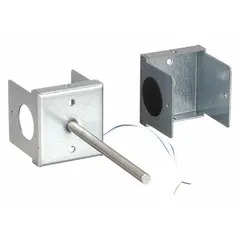 Hardwired duct temperature sensor with metal conduit box housing for averaging measurement. Provides ±0.34°F accuracy over a -50°F to 70°F range. Includes two hex-head self-drilling screws for duct mounting. Compatible with building automation systems for HVAC temperature monitoring and control.