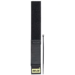 This tethered hook-and-loop cable tie is made of black nylon and accommodates a maximum bundle diameter of 1.50 inches. It is used for bundling, organizing, and securing cables, wires, and hoses in industrial, electrical, and data-center applications. The tethered design prevents loss, and the nylon construction provides durability in demanding environments.