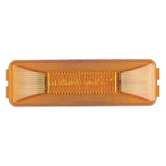 LED rectangular surface mount clearance light with amber lens and pigtail electrical connection. Features hole mount type, SAE P2 lens code, and IP67 rating for dust and water ingress protection. Used on trucks, trailers, and heavy equipment to indicate vehicle width and height.