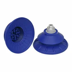 Bellows type vacuum pad assembly with 1.5 folds and 110 mm pad diameter. Features G1/4 in connection, NBR material in blue with 60 A durometer, SAB designation. Suitable for automated handling of sheet metal, glass, or plastic components in industrial applications.