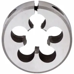 This adjustable round threading die is made of high speed steel with a 1 1/2 in outer diameter. It is used for cutting external threads on rods or bolts in maintenance, repair, and fabrication applications.
